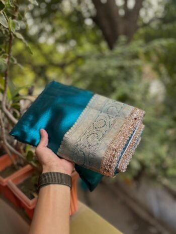 Premium Blue tissue silk attached with maharaja lace(Single lace).